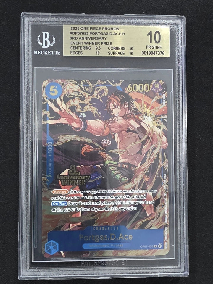 One Piece Portgas D. Ace 3rd Anniversary 3 Brothers Winner Promo OP07-053 BGS 10 image 1
