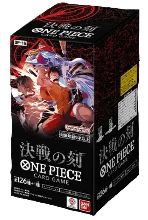 OP-16 Moment of the Decisive Battle Japanese One Piece booster box on dark Snorlax Traders background